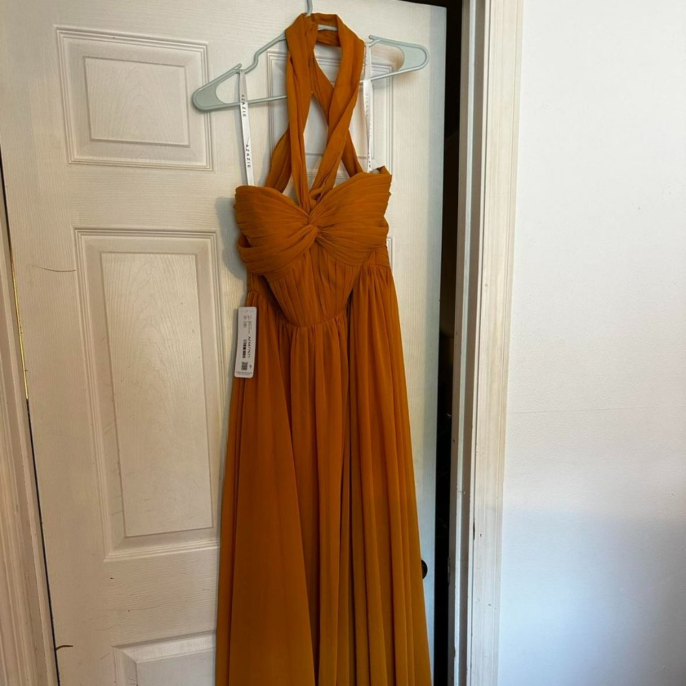 Azazie Dionne A-Line Sweetheart Neckline Chiffon Floor-Length Dress Butterscotch